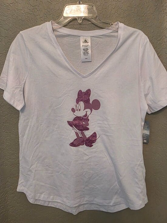 Disney Tops - Disney Parks Ladies Pink Glitter Minnie Mouse Graphic V Neck Tee Shirt M NEW